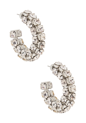AREA Small Crystal Hoop Earrings in Metallic Silver.
