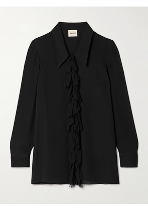 KHAITE - Luka Frayed Ruffled Silk Crepe De Chine Shirt - Black - US0,US2,US4,US6,US8,US10,US12