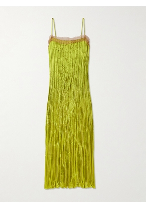 JASON WU COLLECTION - Organza-trimmed Plissé Hammered Silk-satin Midi Dress - Yellow - x small,small,medium,large,x large