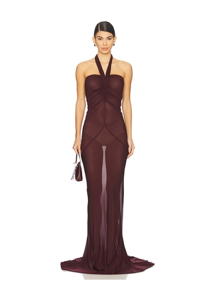 Atlein Halter Neck Ruched Gown in Burgundy. Size 34. Also in 36, 38, 40.