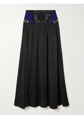 BODE - Deco Collage Embellished Pleated Satin Maxi Skirt - Black - US0,US2,US4,US6