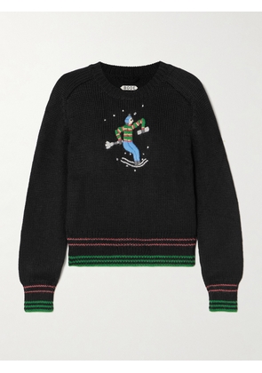 BODE - Ski Run Cropped Embroidered Striped Alpaca Sweater - Black - x small,small,medium,large,x large