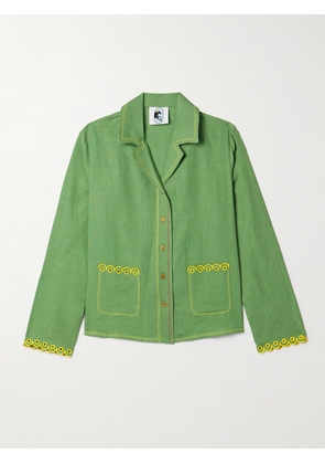 SLEEPER - Petra Embroidered Linen Pajama Shirt - Green - x small,small,medium,large,x large