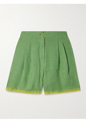 SLEEPER - Petra Pleated Broderie Anglaise-trimmed Linen Pajama Shorts - Green - x small,small,medium,large,x large