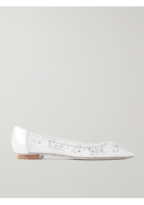 René Caovilla - Leather-trimmed Crystal-embellished Tulle Point-toe Flats - White - IT35,IT36,IT37,IT37.5,IT38,IT38.5,IT39,IT39.5,IT40,IT40.5,IT41