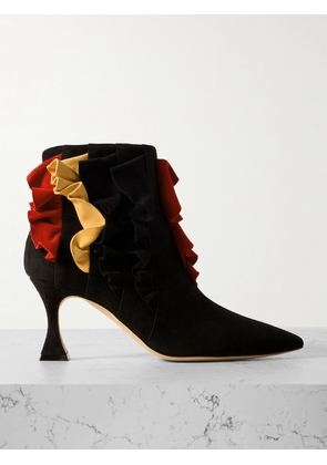 Manolo Blahnik - Pompa 70 Ruffled Suede Pointed-toe Ankle Boots - Black - IT37,IT38,IT38.5,IT39,IT39.5,IT40,IT41,IT42