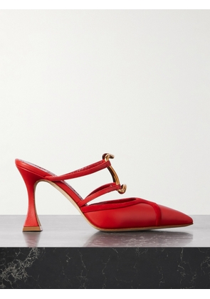 Manolo Blahnik - Tituta 90 Embellished Suede-trimmed Leather Mules - Red - IT36,IT36.5,IT37,IT37.5,IT38,IT38.5,IT39,IT39.5,IT40,IT40.5,IT41,IT42