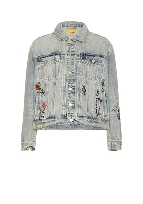 Diet Starts Monday Doodle Trucker Jacket in Blue. Size L. Also in S, M, XL/1X.