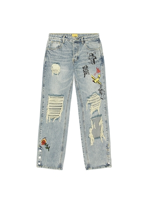 Diet Starts Monday Doodle Distressed Denim Jeans in Blue. Size 30. Also in 32, 34, 36.