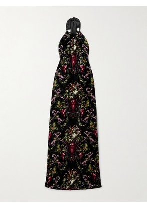 Cara Cara - Geneva Open-back Satin-trimmed Floral-print Velvet Halterneck Maxi Dress - Black - xx small,x small,small,medium,large