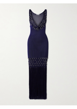 RABANNE - Fringed Embellished Crocheted Cotton Maxi Dress - Blue - x small,small,medium,large,x large