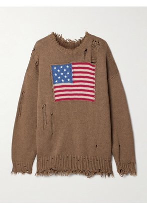 DENIMIST - American Flag Distressed Embroidered Intarsia-knit Cotton-blend Sweater - Brown - xx small,x small,small,medium,large
