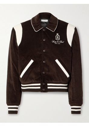 Sporty & Rich - Dany Leather-trimmed Padded Embroidered Cotton-corduroy Bomber Jacket - Brown - x small,small,medium,large,x large