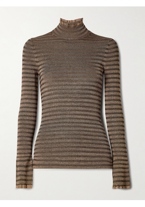 Proenza Schouler White Label - Phyllis Ruffled Striped Ribbed-knit Turtleneck Sweater - Brown - xx small,x small,small,medium,large,x large