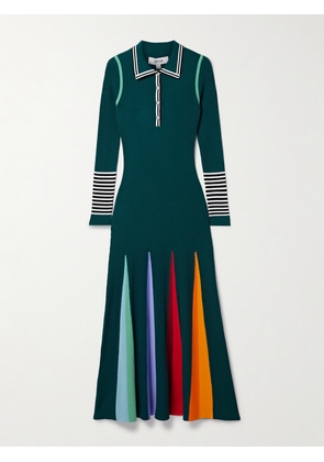 Christopher John Rogers - Godet Striped Ribbed Merino Wool Polo Maxi Dress - Green - x small,small,medium,large,x large
