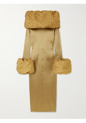 Dima Ayad - Convertible Cloqué-trimmed Satin Midi Dress - Gold - XS,S,M,L,XL,XXL,XXXL