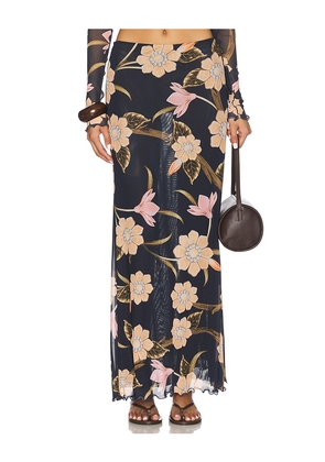 Agua Bendita x REVOLVE Brace Skirt in Burgundy Floral in Navy. Size L. Also in XS, S, M.