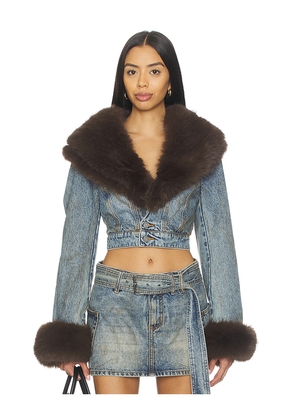AFRM The Low Neck Denim Jacket With Faux Fur in Blue. Size L. Also in XS, S, M.