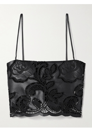 Johanna Ortiz - Seduccion Lunar Cropped Guipure Lace-trimmed Embroidered Faux Leather Top - Black - US0,US2,US4,US6,US8,US10