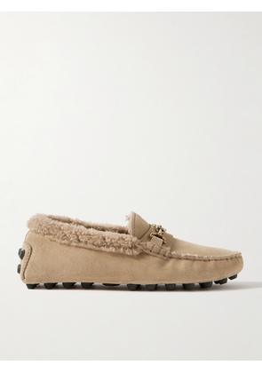 Tod's - Gommino Macro Embellished Shearling-trimmed Suede Loafers - Neutrals - IT35,IT36,IT36.5,IT37,IT37.5,IT38,IT38.5,IT39,IT39.5,IT40,IT40.5,IT41,IT41.5,IT42