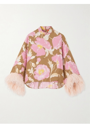 La DoubleJ - Make An Exit Feather-trimmed Floral-print Silk-twill Blouse - Pink - xx small,x small,small,medium,large,x large,xx large
