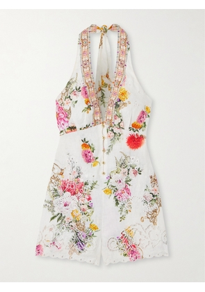 Camilla - Embellished Floral-print Broderie Anglaise Linen Halterneck Playsuit - Off-white - xx small,x small,small,medium,large