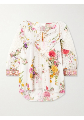 Camilla - Tie-detailed Embellished Guipure Lace-trimmed Floral-print Cotton-voile Blouse - White - Beachwear One Size