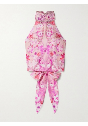 Camilla - Cropped Crystal-embellished Printed Silk Halterneck Top - Pink - XS/S,M/L,XL/XXL