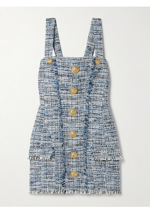 Balmain - Button-embellished Frayed Cotton-blend Tweed Mini Dress - Blue - FR 34,FR 36,FR 38,FR 40,FR 42,FR 44,FR 46
