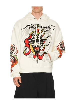 Ed Hardy Panther Flame Boxy Rhinestone Fleece Hoodie in White. Size L. Also in S, M, XL/1X.
