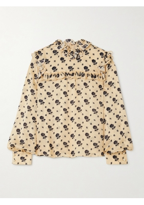 Valentino Garavani - Ruffled Printed Striped Silk-jacquard Blouse - Neutrals - IT36,IT38,IT40,IT42,IT44,IT46,IT48,IT50