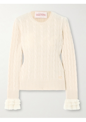 Valentino Garavani - Ruffle-trimmed Embellished Cable-knit Cashmere Sweater - Ivory - xx small,x small,small,medium,large,x large
