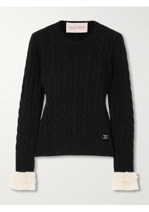 Valentino Garavani - Ruffle-trimmed Embellished Cable-knit Cashmere Sweater - Black - xx small,x small,small,medium,large,x large