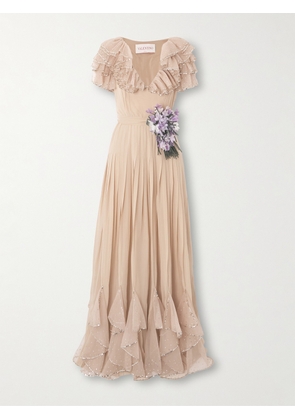 Valentino Garavani - Belted Ruffled Embellished Silk-georgette Gown - Brown - IT36,IT38,IT42,IT44