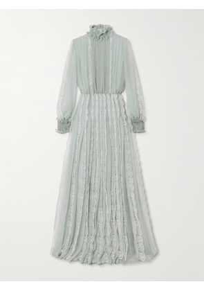 Valentino Garavani - Ruffled Lace-trimmed Pleated Silk-chiffon Gown - Blue - IT38,IT40,IT42,IT44