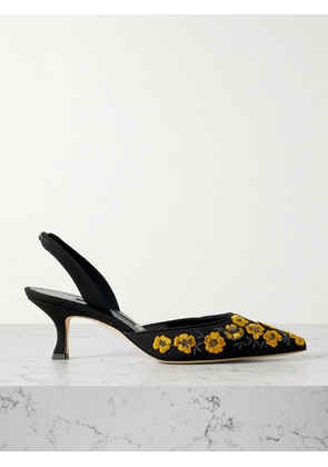 Manolo Blahnik - Carolyne 50 Embroidered Silk Crepe De Chine Slingback Pumps - Black - IT36,IT36.5,IT37,IT37.5,IT38,IT38.5,IT39,IT39.5,IT40,IT40.5,IT41,IT42