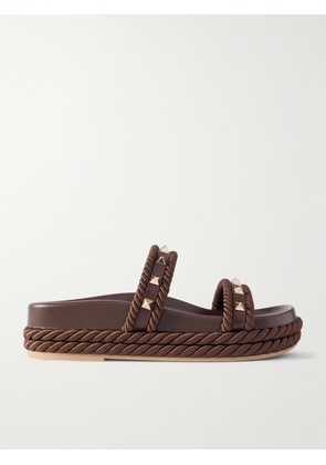 Valentino Garavani - Rockstud Rope-trimmed Studded Leather Platform Slides - Brown - IT36,IT37,IT38,IT39,IT40,IT41,IT42