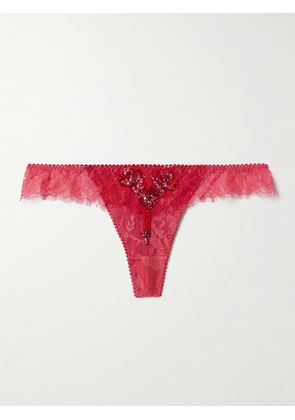 Agent Provocateur - Graicelle Embellished Leavers Lace And Stretch-silk Satin Thong - Red - 1,2,3,4,5
