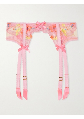 Agent Provocateur - Rixie Bow-detailed Lace-trimmed Embroidered Tulle Suspender Belt - Pink - 1,2,3,4,5,6