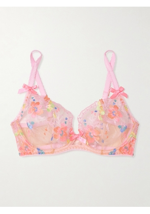 Agent Provocateur - Rixie Bow-detailed Lace-trimmed Embroidered Tulle Underwired Bra - Pink - 32A,34A,32B,34B,32C,34C,32D,34D,32DD,34DD,32E,34E,34F