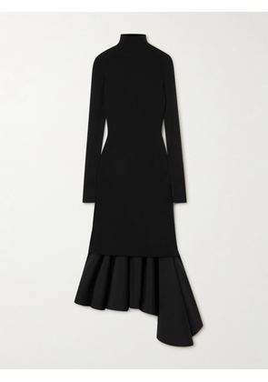 Bottega Veneta - Asymmetric Satin-trimmed Ribbed-knit Turtleneck Midi Dress - Black - IT36,IT38,IT40