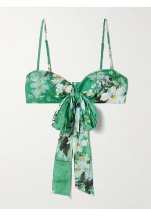 Zimmermann - Everley Cropped Bow-detailed Pleated Floral-print Ramie Top - Green - 00,1,2,3,4