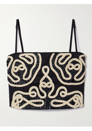 Johanna Ortiz - Boat Lines Cropped Appliquéd Straw-trimmed Linen Top - Black - US0,US2,US4,US6,US8,US10