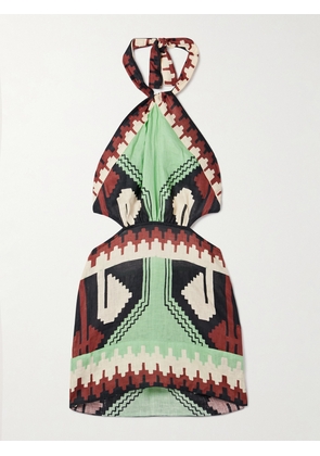 Johanna Ortiz - Tide Strength Open-back Printed Linen Halterneck Mini Dress - Green - US0,US2,US4,US6,US8,US10,US12