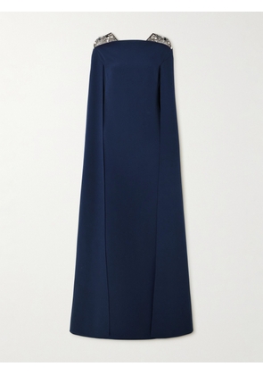 SAFIYAA - Aleyna Cape-effect Embellished Tulle-trimmed Crepe Gown - Blue - FR 34,FR 36,FR 38,FR 40,FR 42,FR 44,FR 46,FR 48