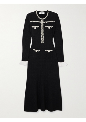 Self-Portrait - Faux Pearl-embellished Crepe-trimmed Metallic Ribbed-knit Midi Dress - Black - x small,small,medium,large