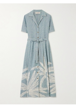 Emporio Sirenuse - Claudia Palm Belted Embroidered Ramie And Linen-blend Midi Dress - Blue - IT38,IT40,IT42,IT44,IT46,IT48,IT50
