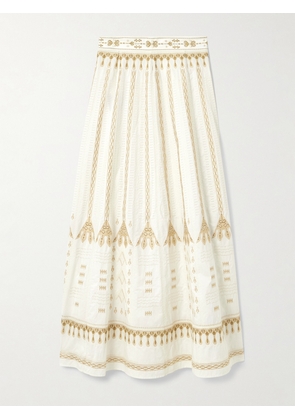 Emporio Sirenuse - Camille Calliope Paneled Embroidered Cotton-blend Poplin Maxi Skirt - White - IT38,IT40,IT42,IT44,IT46,IT48,IT50