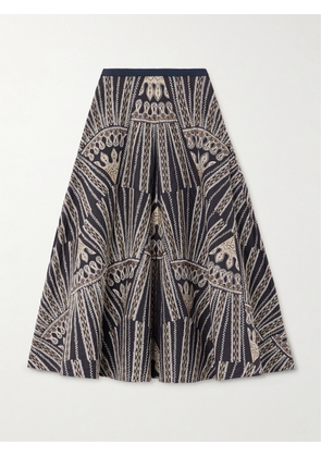 Emporio Sirenuse - Tasha 2 Calliope Paneled Embroidered Cotton-blend Poplin Midi Skirt - Gray - IT36,IT38,IT40,IT42,IT44,IT46,IT48,IT50