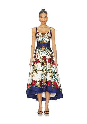 Alice + Olivia Diana Structured Midi Dress in Blue,Ivory. Size 10. Also in 2, 4, 6, 8.